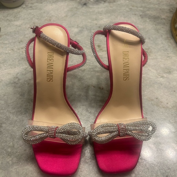 Dream Pairs Hot Pink Satin Crystal Bow Ankle-Strap Heel - Picture 2 of 9